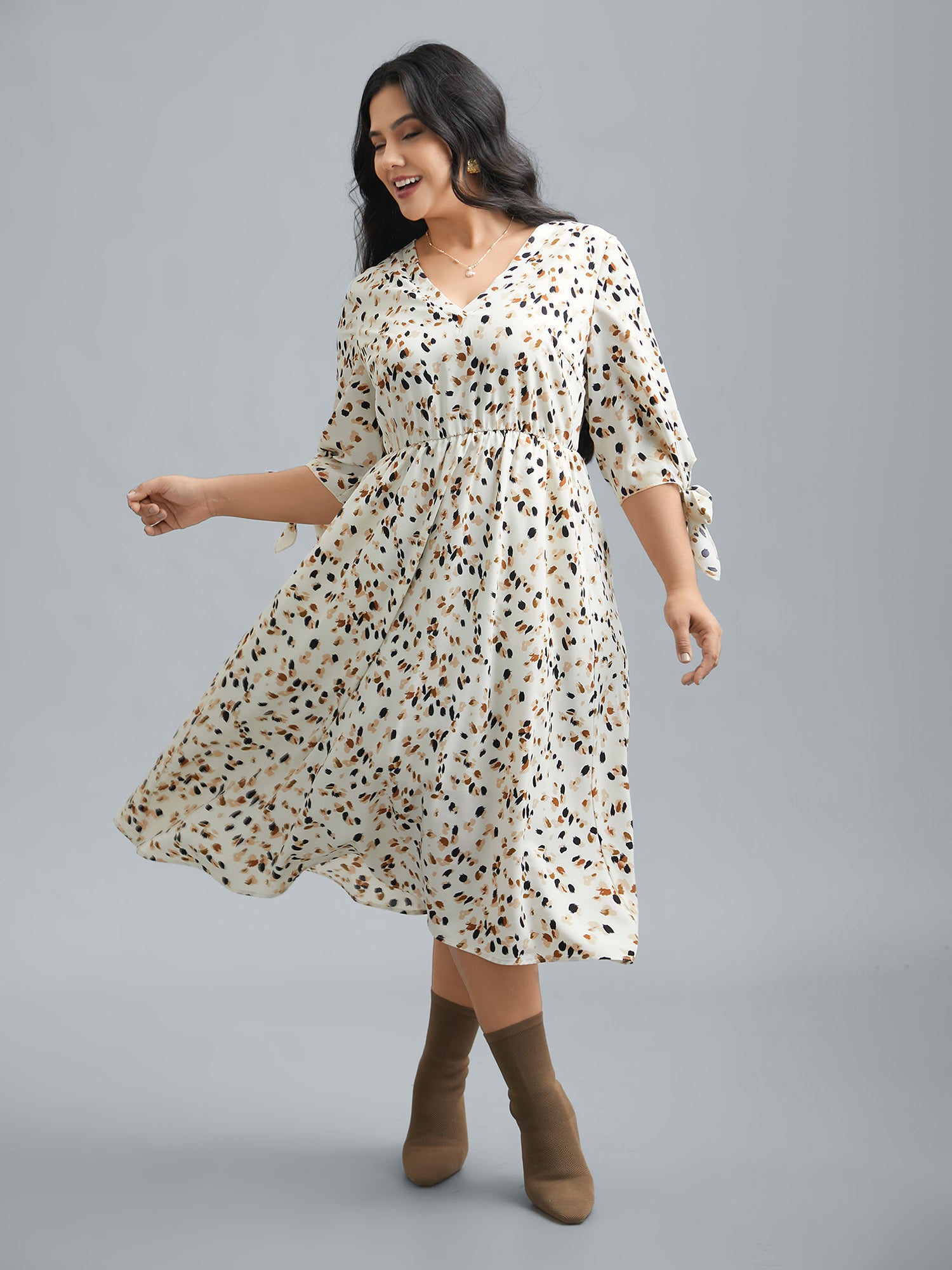 Printed Stretchy Waist-Cinched Midi Dress