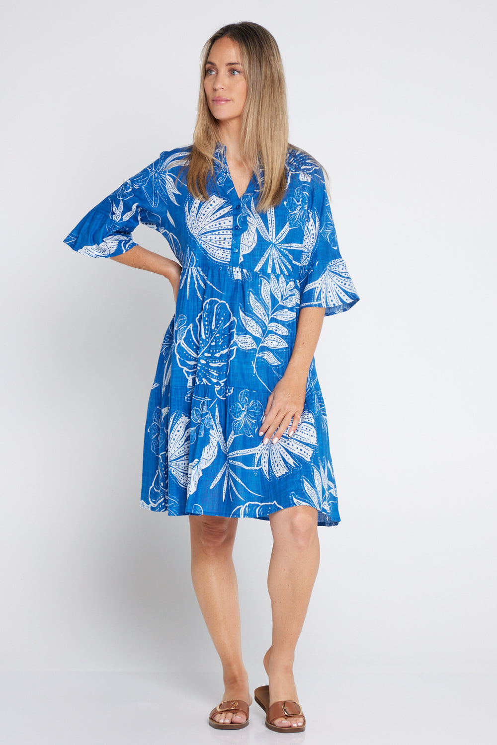 Maya Button V Neck Dress - Mono Indigo