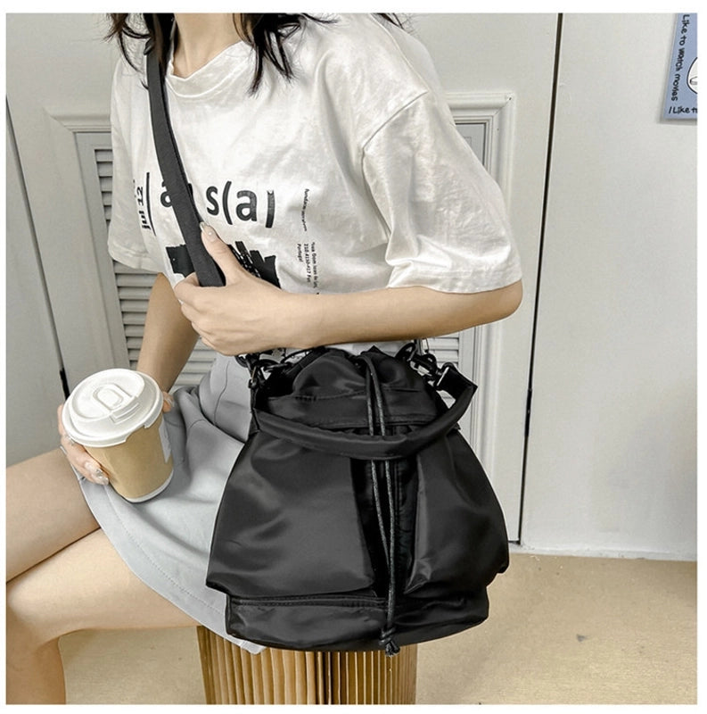 Women's Nylon Solid Color Classic Style Square String Shoulder Bag Bucket Bag