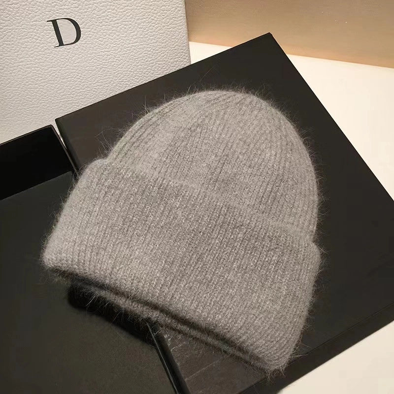 Japanese High-End New Rabbit Fur Knitted Woolen Cap Women's Fashion Autumn Winter Japanese Beanie Hat Thermal Head Cover Knitted Hat