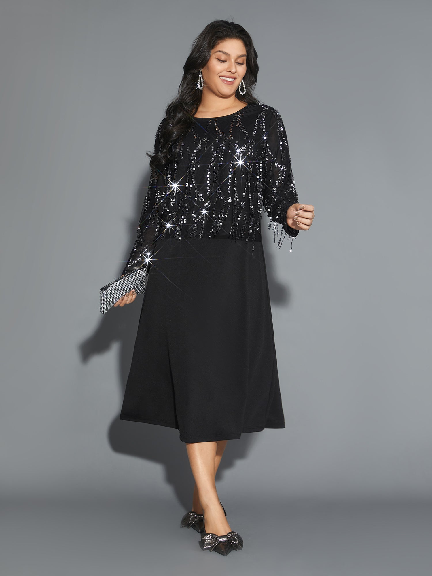 Sequin Patchwork Mesh Split Hem Dress