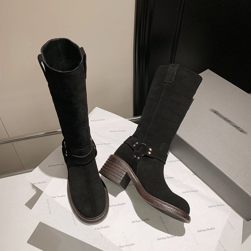 Vintage Satin Slouchy Mid Calf Boots with Buckle Detail Brown/Black