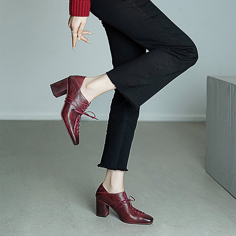 70mm Block Heel Washed Horsehide Leather Ballet-Inspired Lace-Up Pumps in Red/Black