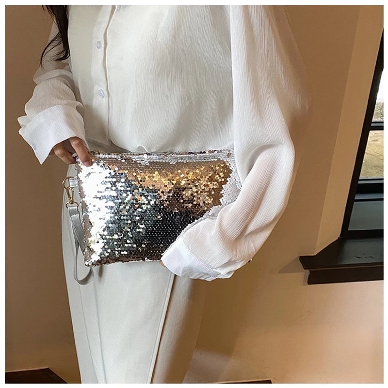 Women's Sequin Solid Color Elegant Square Zipper Clutch Bag