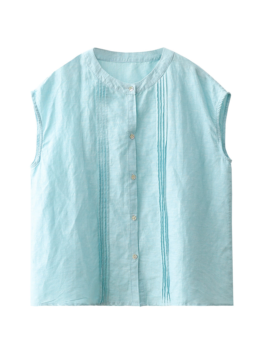 Women Summer Pure Color Shirred Linen Cotton O-Neck Shirt