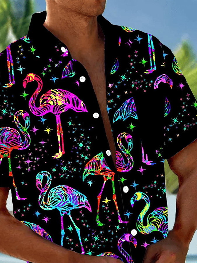 Men's Hawaiian Neon Flamingo Print Pocket Shirt