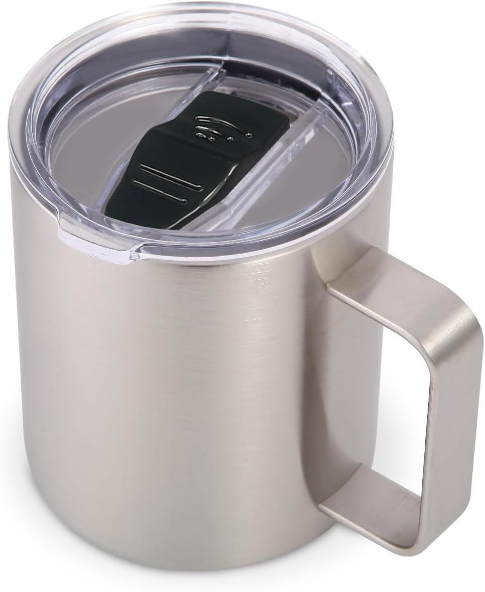 Volhoply 14oz Insulated Stainless Steel Coffee Mug with Leakproof Lid,Double Wall Vacuum Travel Coffee Cup with Handle,Reusable Metal Tumbler,Camping Mugs Keep Hot/Cold,Christmas Gifts(Black,1
