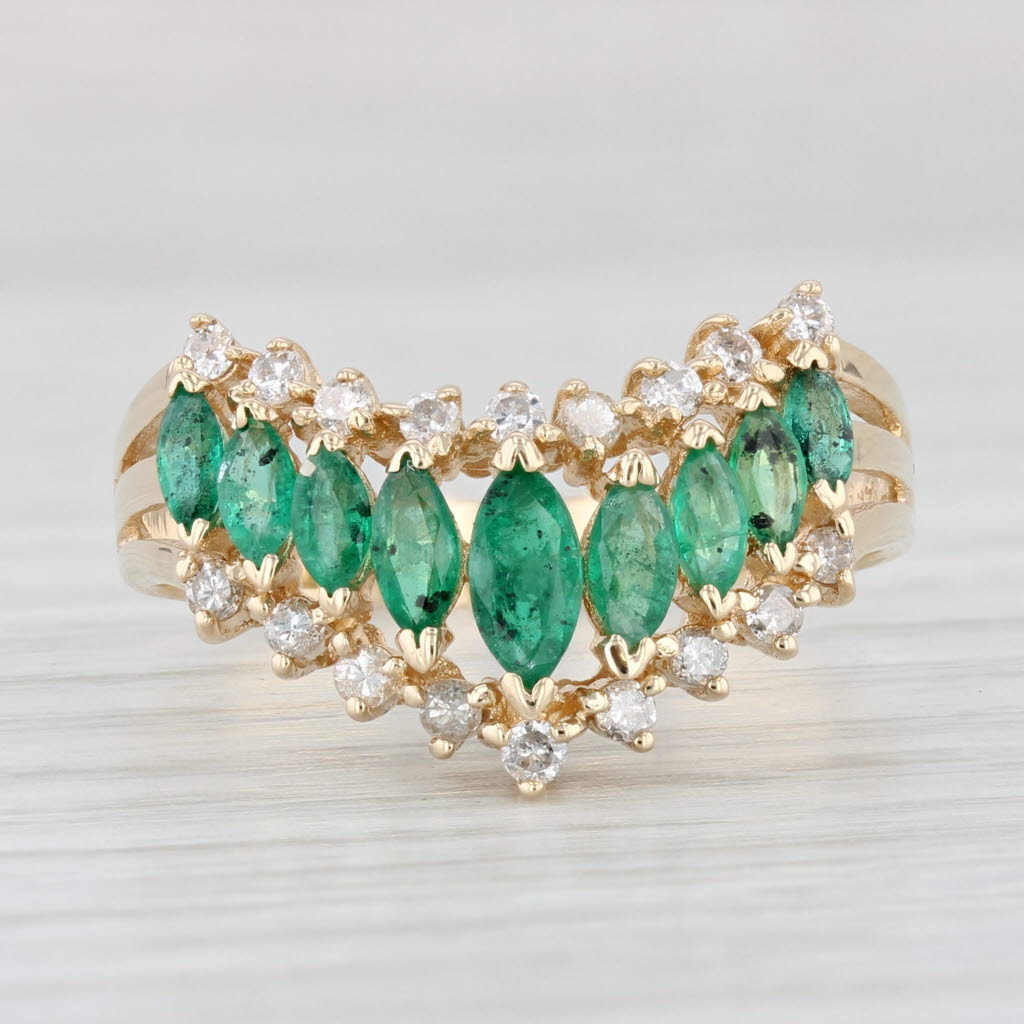 1.29ctw Tiered Emerald Diamond Contoured V Ring 14k Yellow Gold Size 11