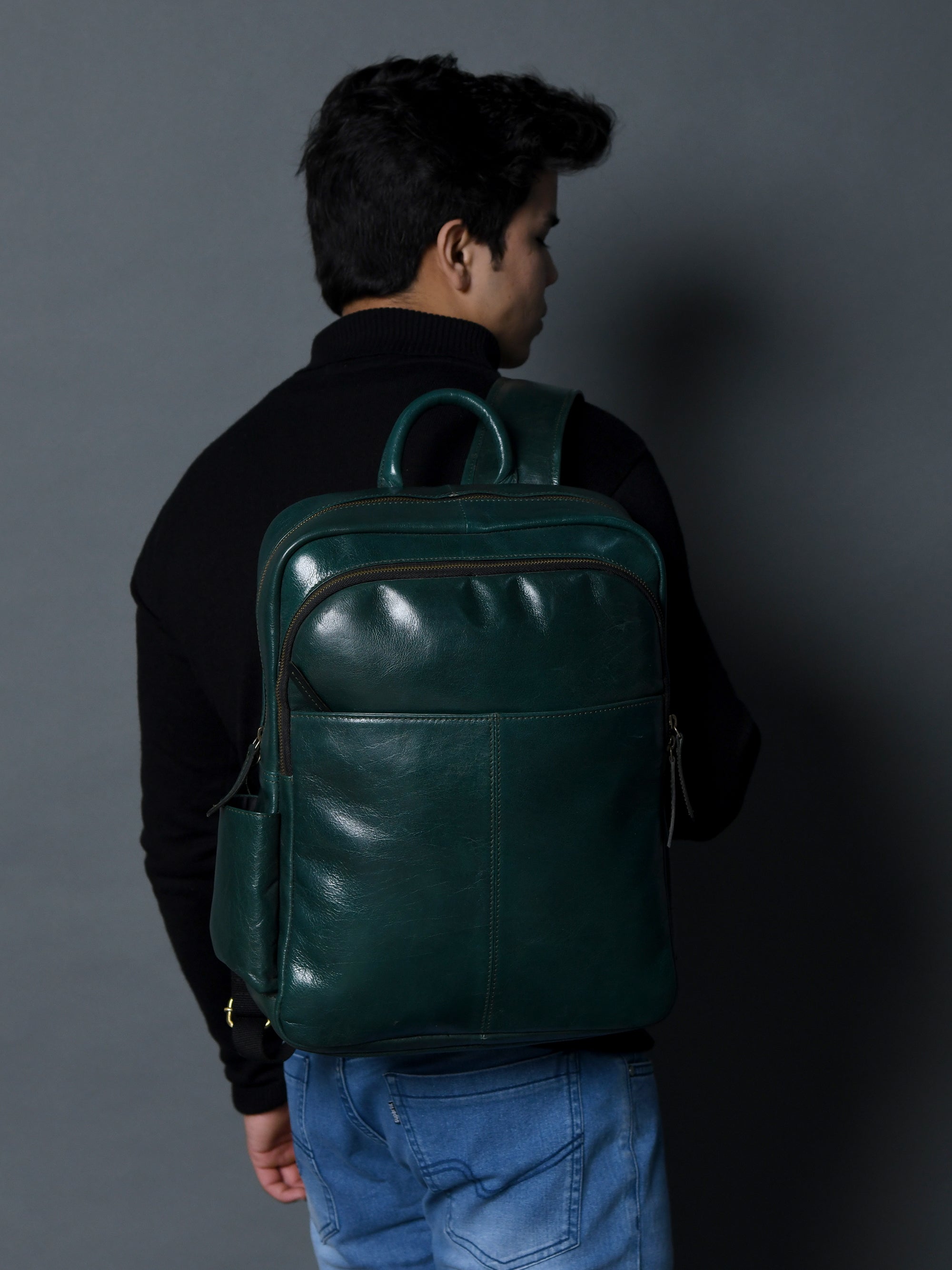 Luxury Italian Leather Backpack. Green