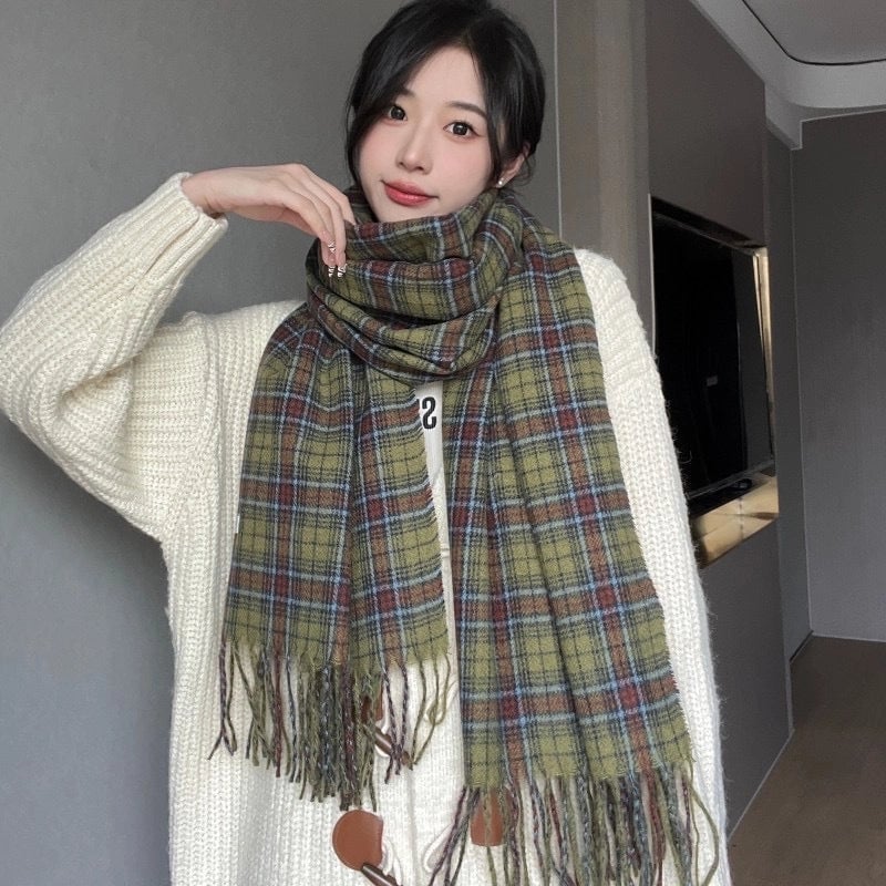Autumn And Winter Vintage Forest Green Plaid Tassel Scarf Lengthened Warm Student Shawl Couple Scarf