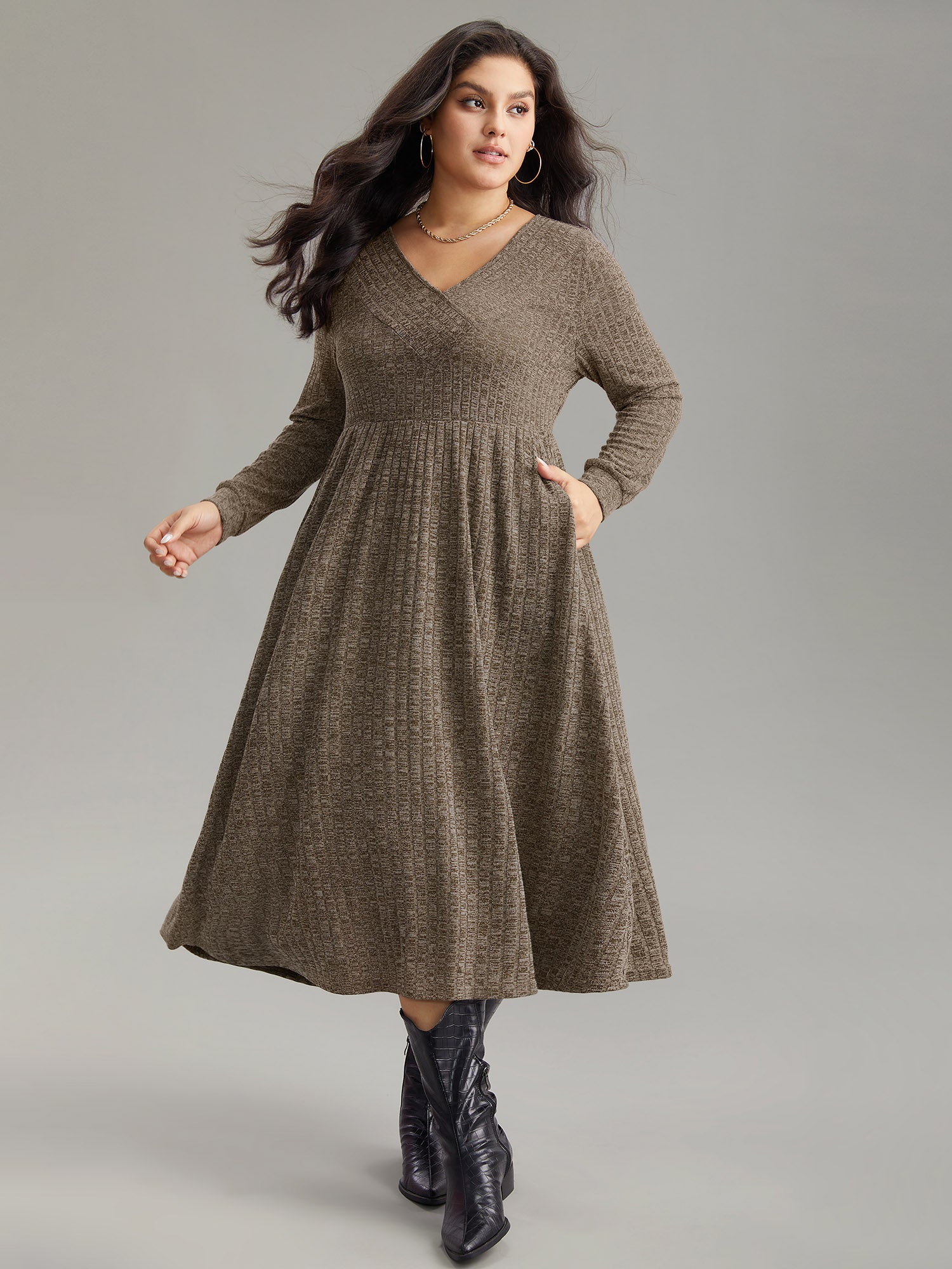 Rib Knit Plain Plisse Long Sleeve Dress