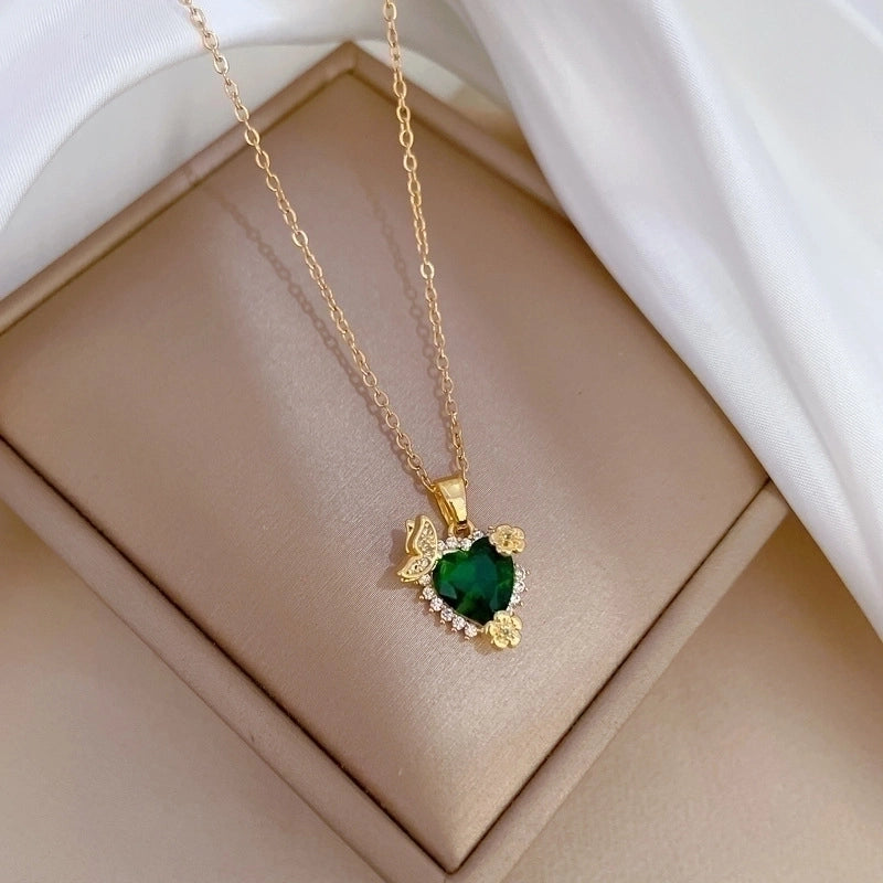 2 Pieces Minimalist Classic Style Geometric Heart Shape Titanium Steel Copper Zircon Pendant Necklace In Bulk