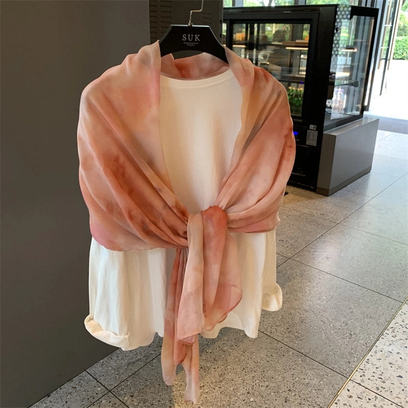 Women's Silk Scarf Summer Versatile Thin Scarf Cotton And Linen Scarf Blue Feather Tassel Beach Towel Sunscreen Shawl