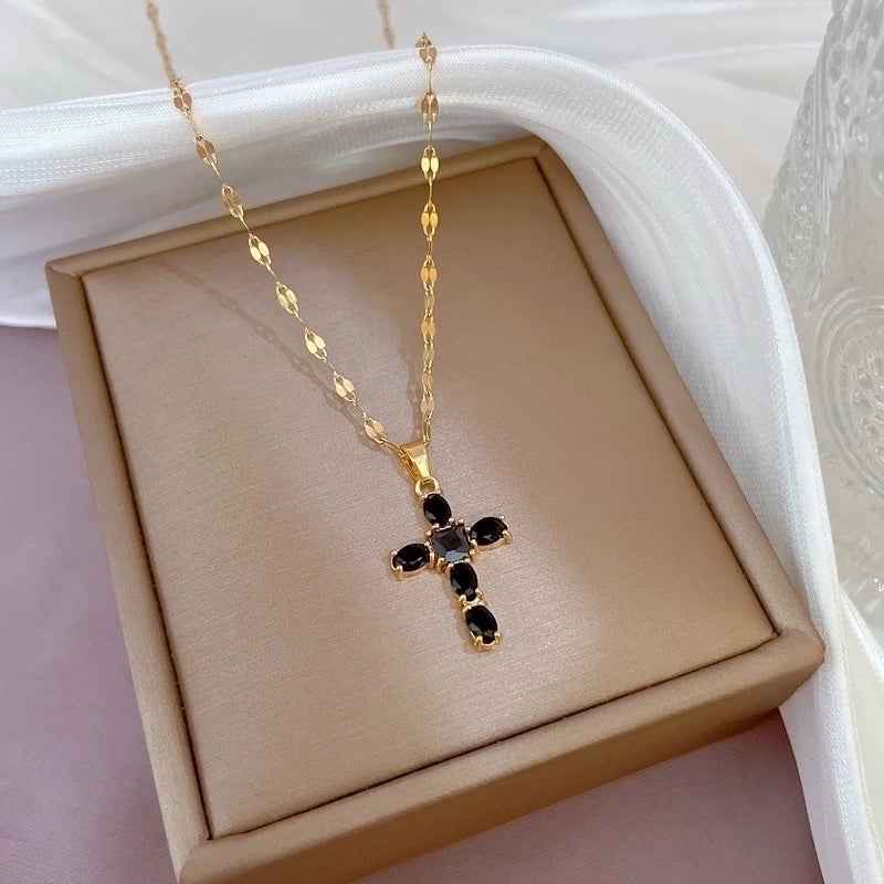 Minimalist Cross Titanium Steel Copper Zircon Pendant Necklace In Bulk