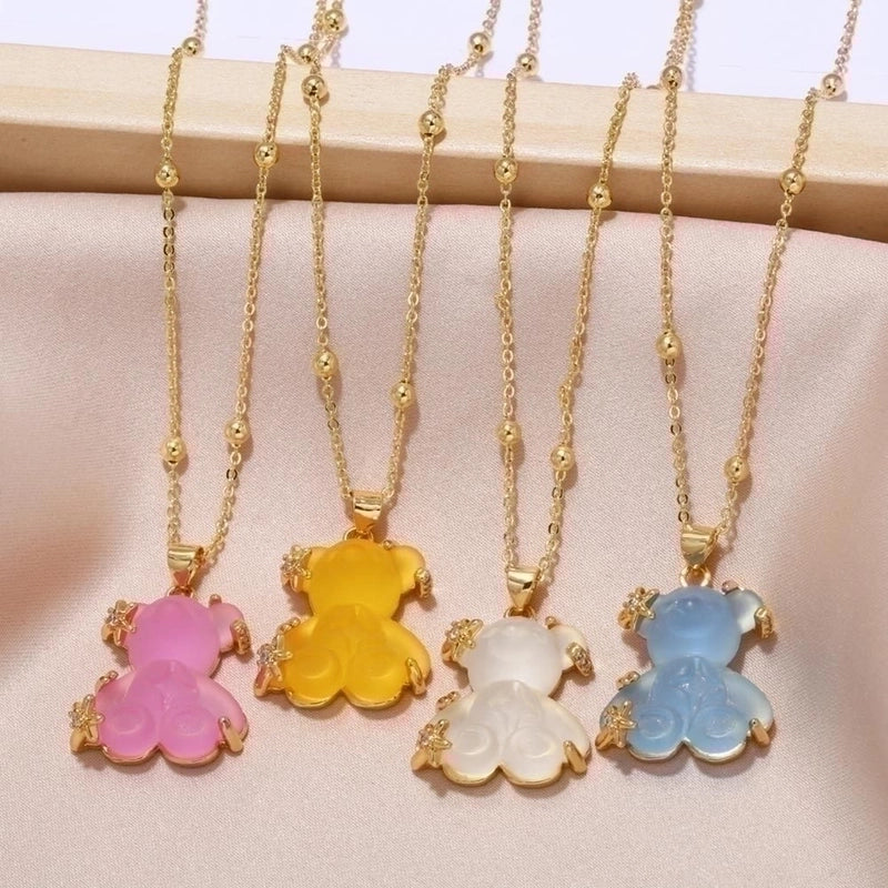 Copper Gold Plated Cute Minimalist Bear Inlay Resin Zircon Pendant Necklace