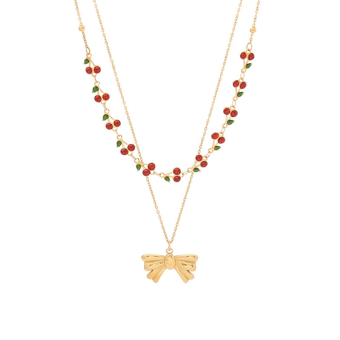 Cute Cherry Pendant Necklace Fashion Stainless Steel Double Chain