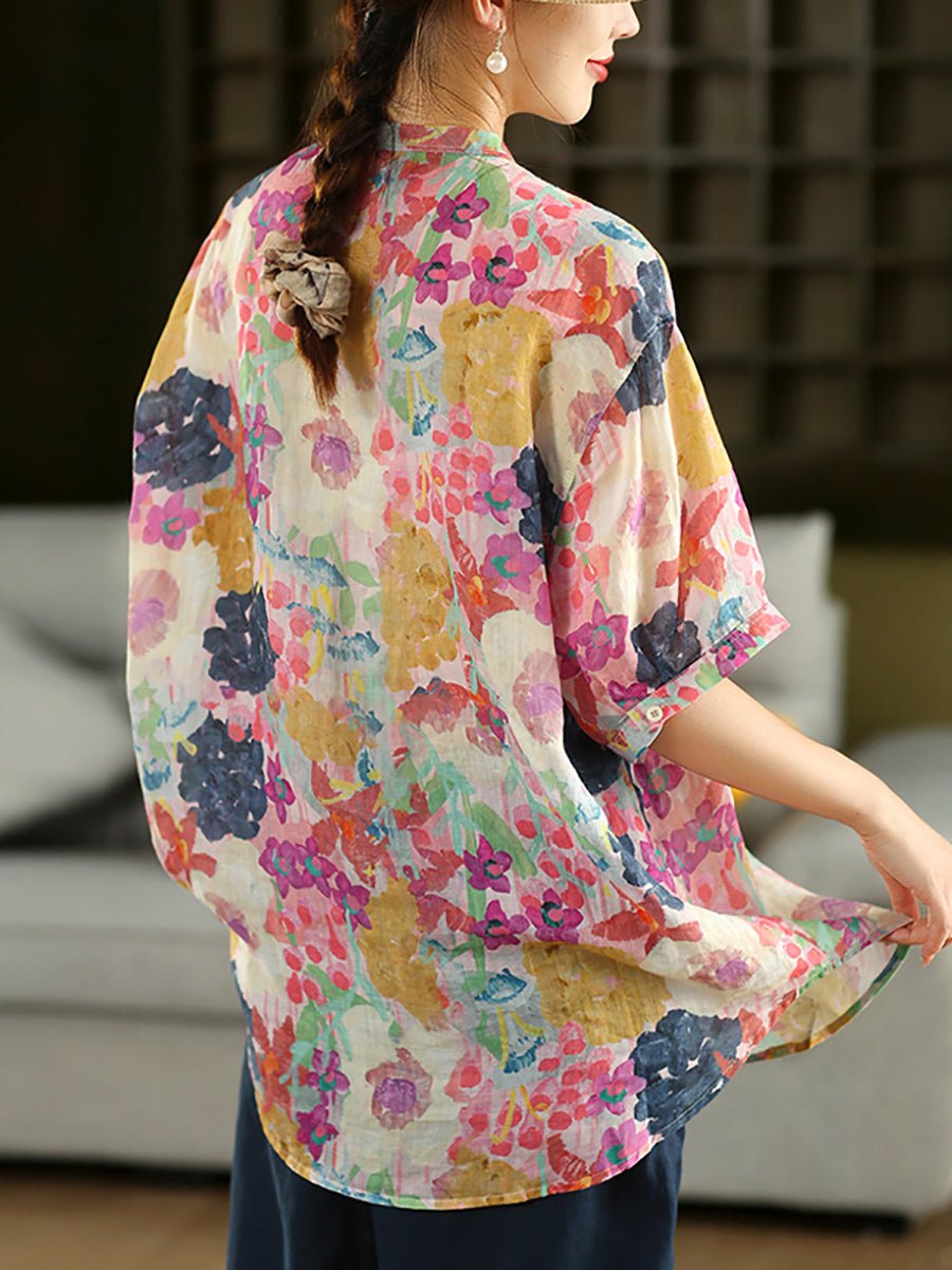 Women Summer Artsy Flower Turn-down Collar 100%Raime Shirt