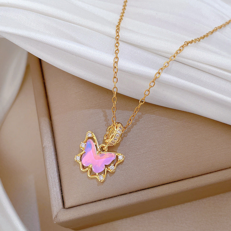Pink Butterfly Zircon Gorgeous Full Diamond Necklace Female Versatile Clavicle Chain Titanium Steel Chain