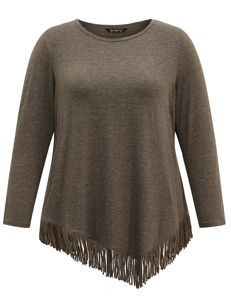 Plain Tassels Trim Hem Long Sleeve T-shirt