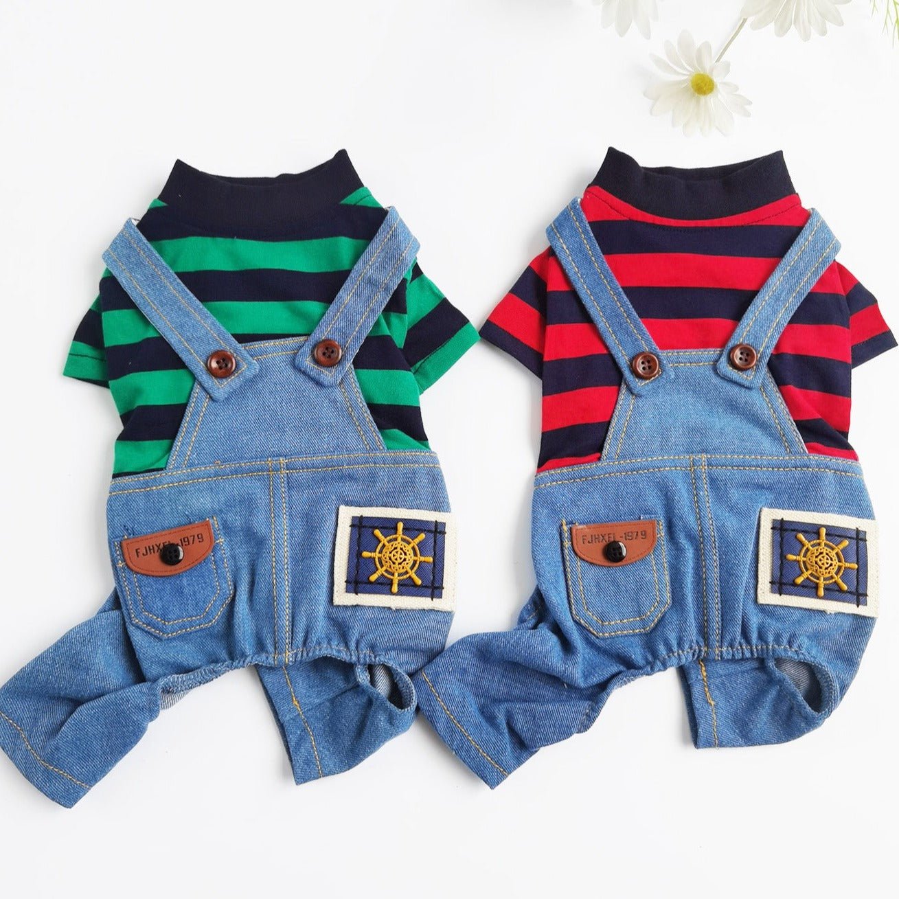 Contrast Color Striped Denim Dog Jumpsuits