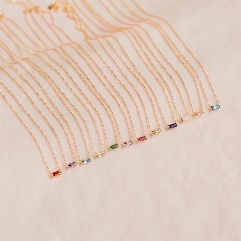 201 Stainless Steel Retro Inlay Rectangle Birthstone Zircon Pendant Necklace