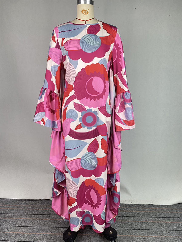 Batwing Sleeves Loose Flower Print Pleated Split-Joint Round-Neck Maxi Dresses