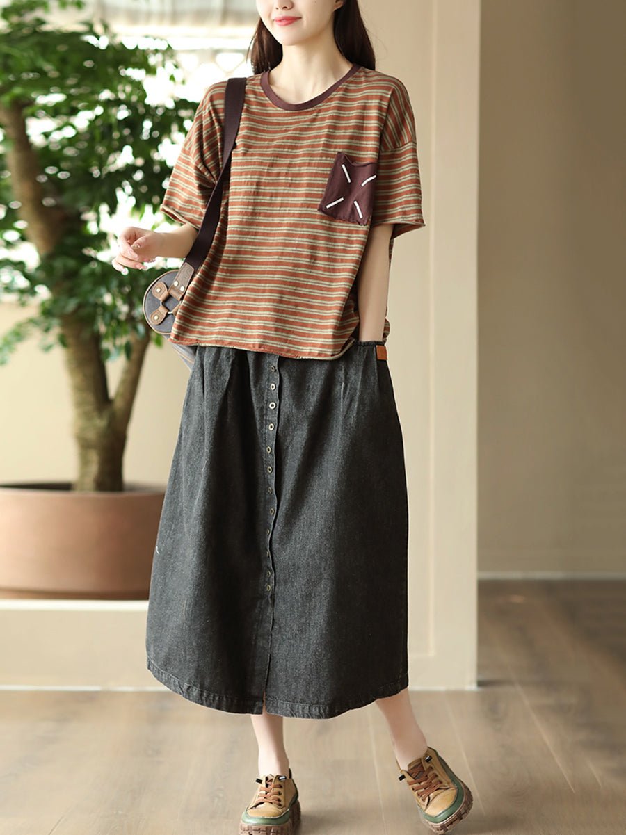 Women Summer Artsy Pure Color Denim Straight Skirt