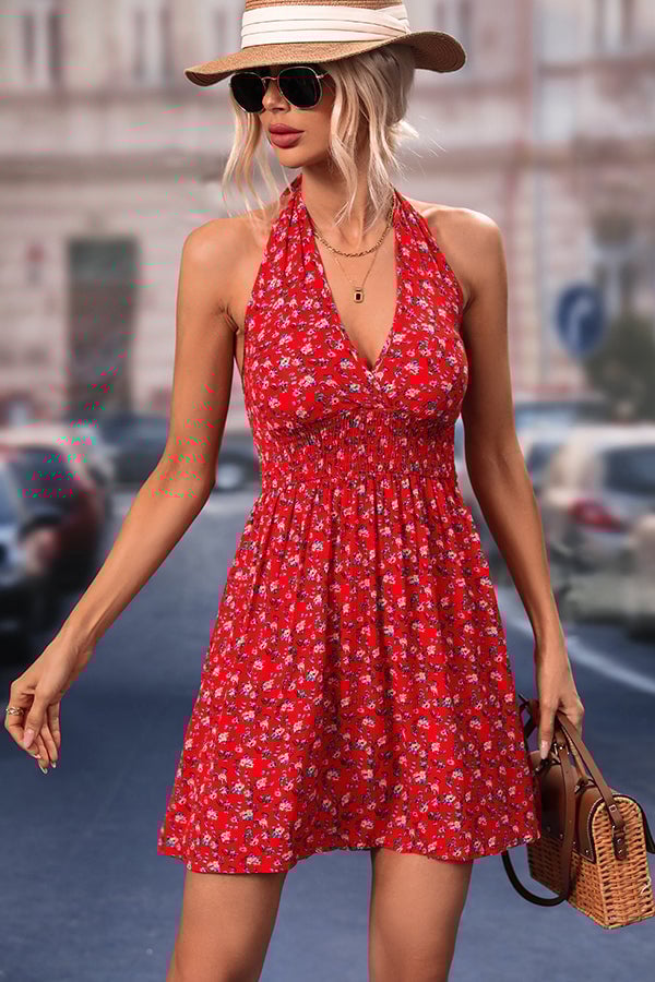 V Neck Floral Print Halter Neck Dress