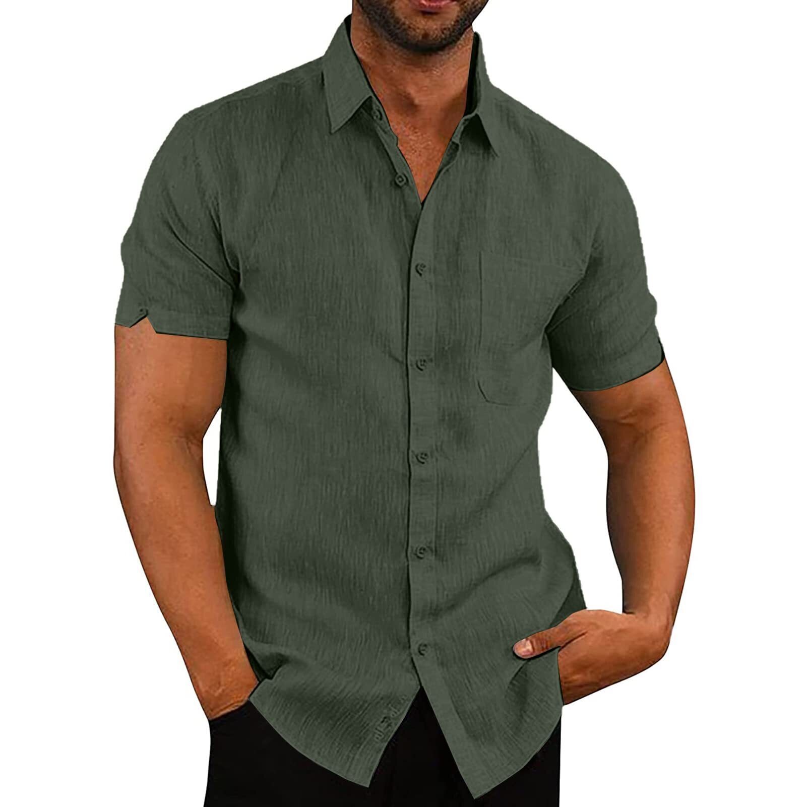 8-pack Mens Linen Shirts Short Sleeved Shirts Button Down Cotton Summer Casual Loose Fit Shirt Tops