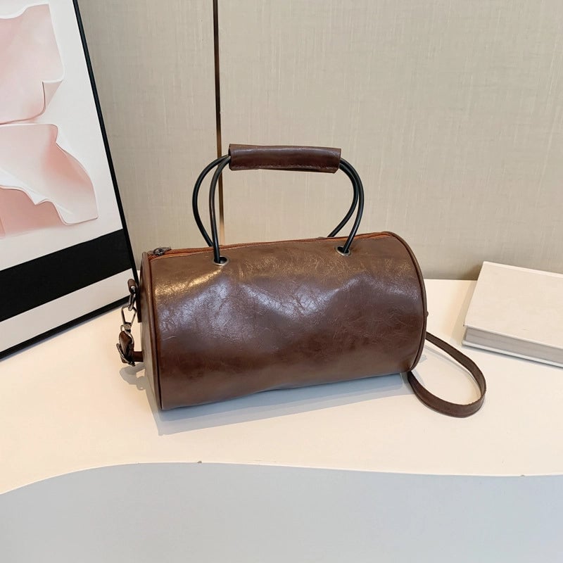 Women's Pu Leather Solid Color Vintage Style Cylindrical Zipper Handbag Crossbody Bag