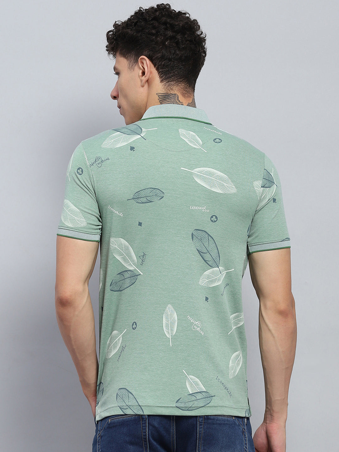 Men Green Printed Collar Half Sleeve T-Shirt