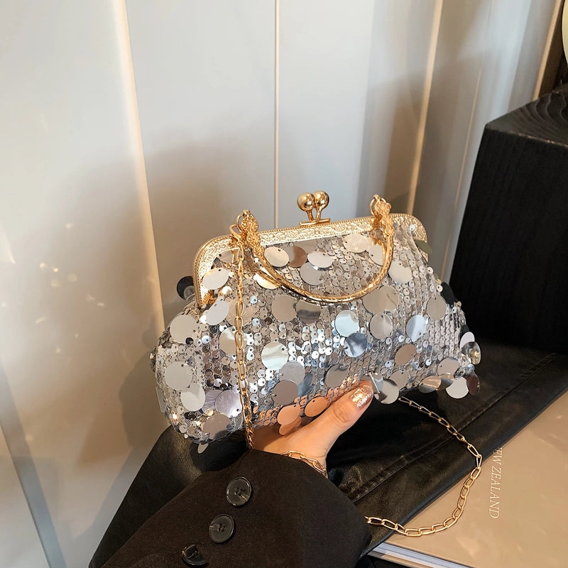Women's Sequin Solid Color Elegant Streetwear Shell Lock Clasp Shoulder Bag Crossbody Bag