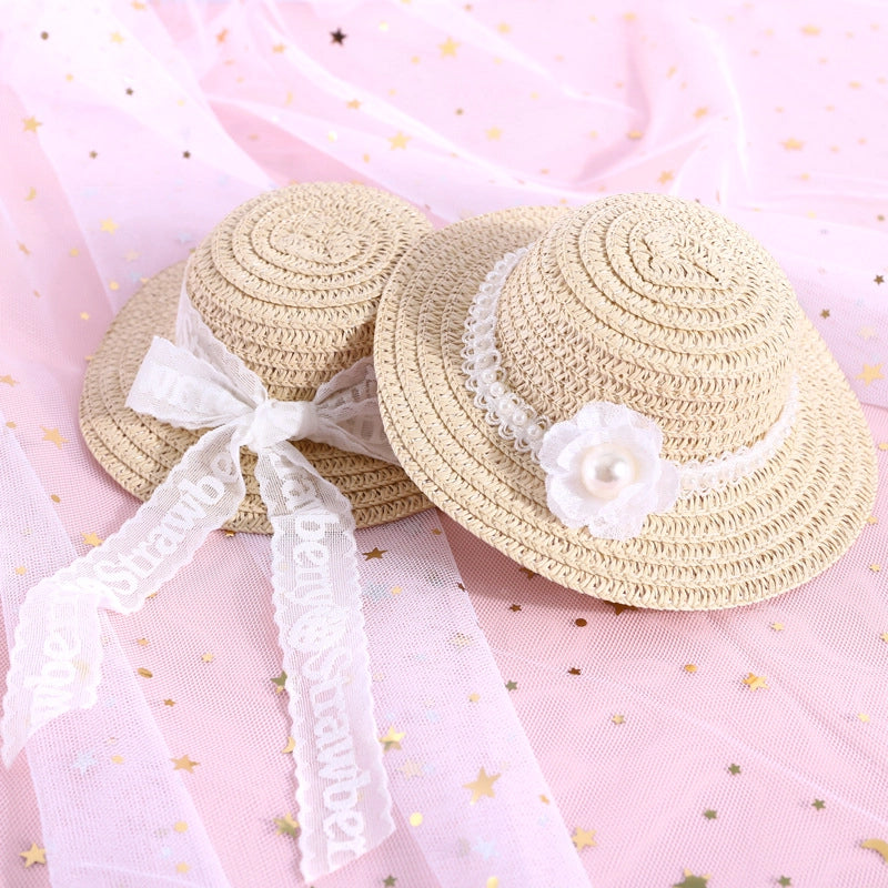 Pet Woven Adjustable Pearl Flower Lace Bow Daisy Ball Cat Dog Straw Hat