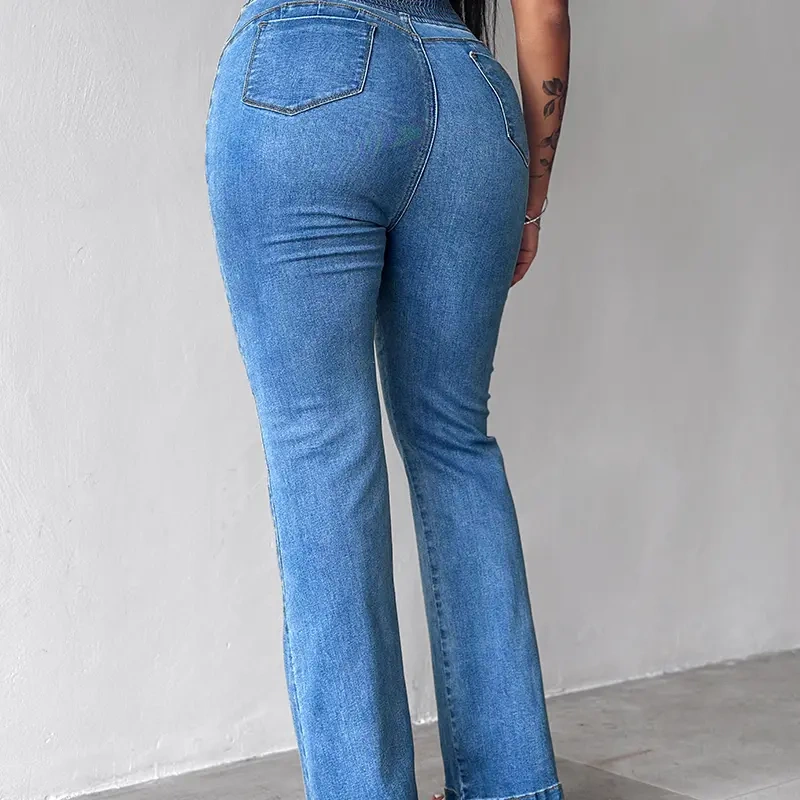 🔥Hot Sale🔥Women's Back Shirred Button Front Jeans High Waist Pants with Pockets