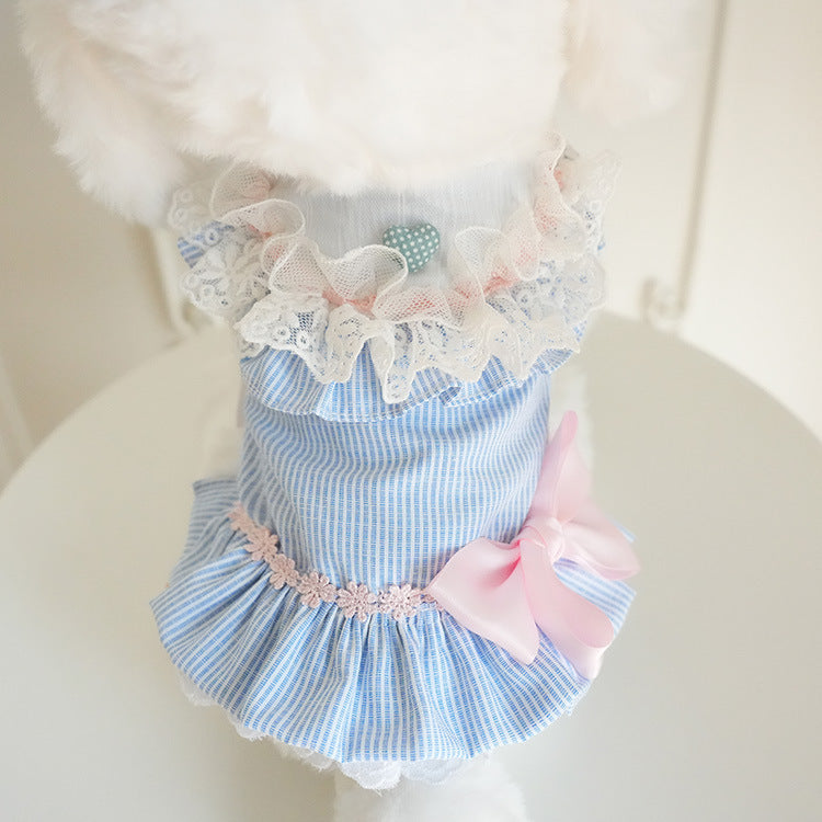 Sweet Lace Collar Striped Bow Dog Cat Dress