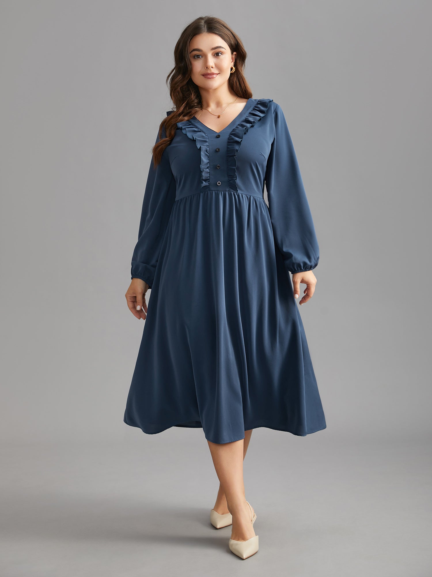 Solid Ruffle Trim Elastic Waist Midi Dress