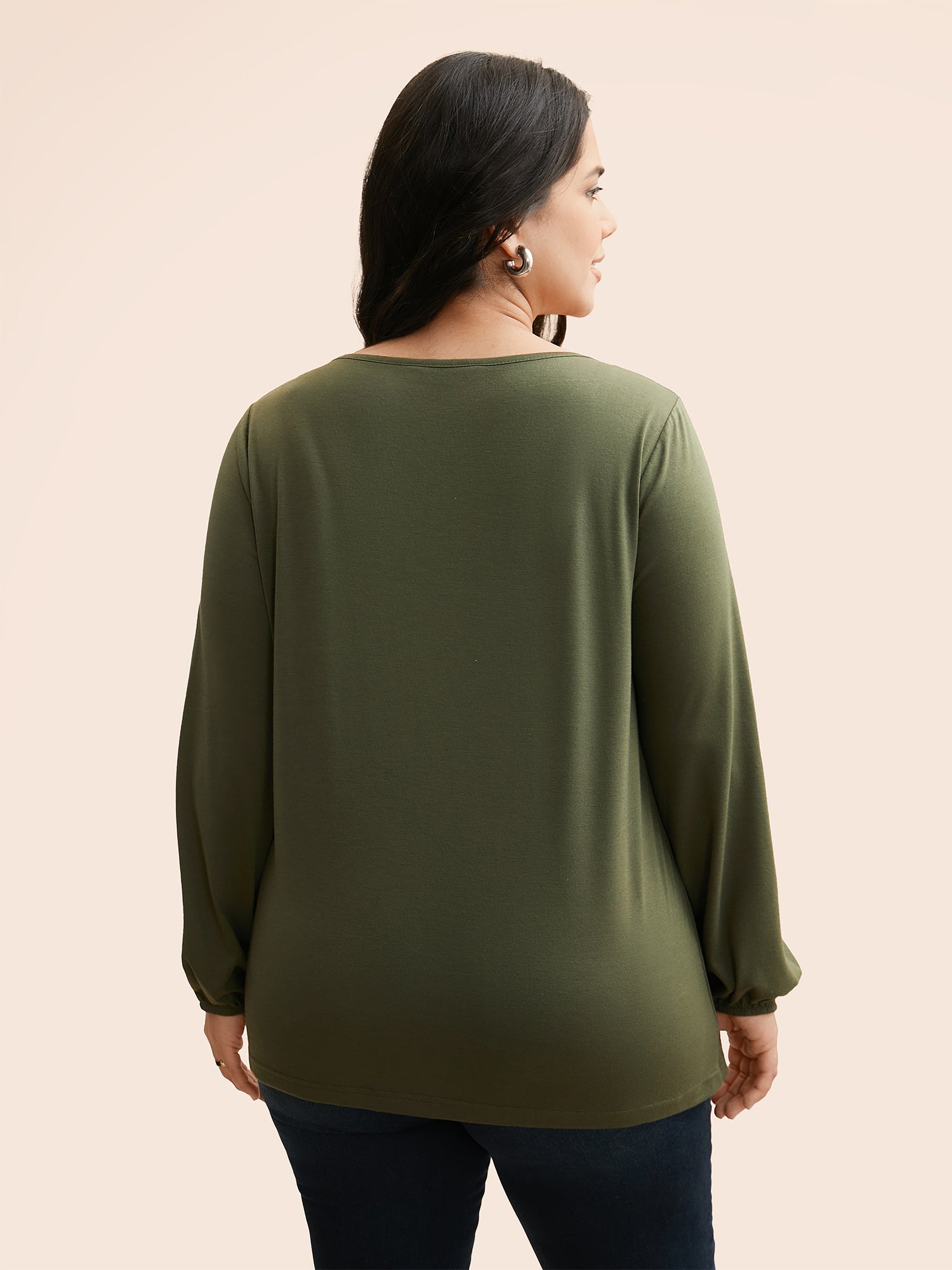 V Neck Gathered Lantern Sleeve Jersey Top