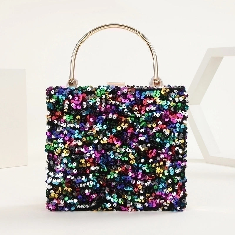 Black Colour Gold Polyester Solid Color Sequins Square Evening Bags