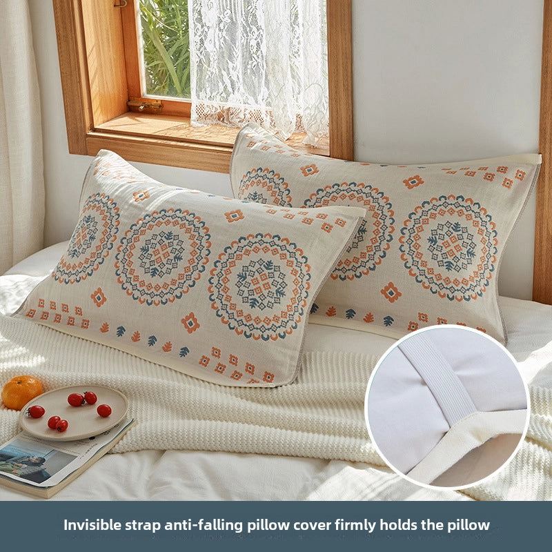 Four-layer Cotton Gauze Pillow Towel Elastic Band Fixed Anti-shedding Adult Pillow Turban Season Couple Cover Towel