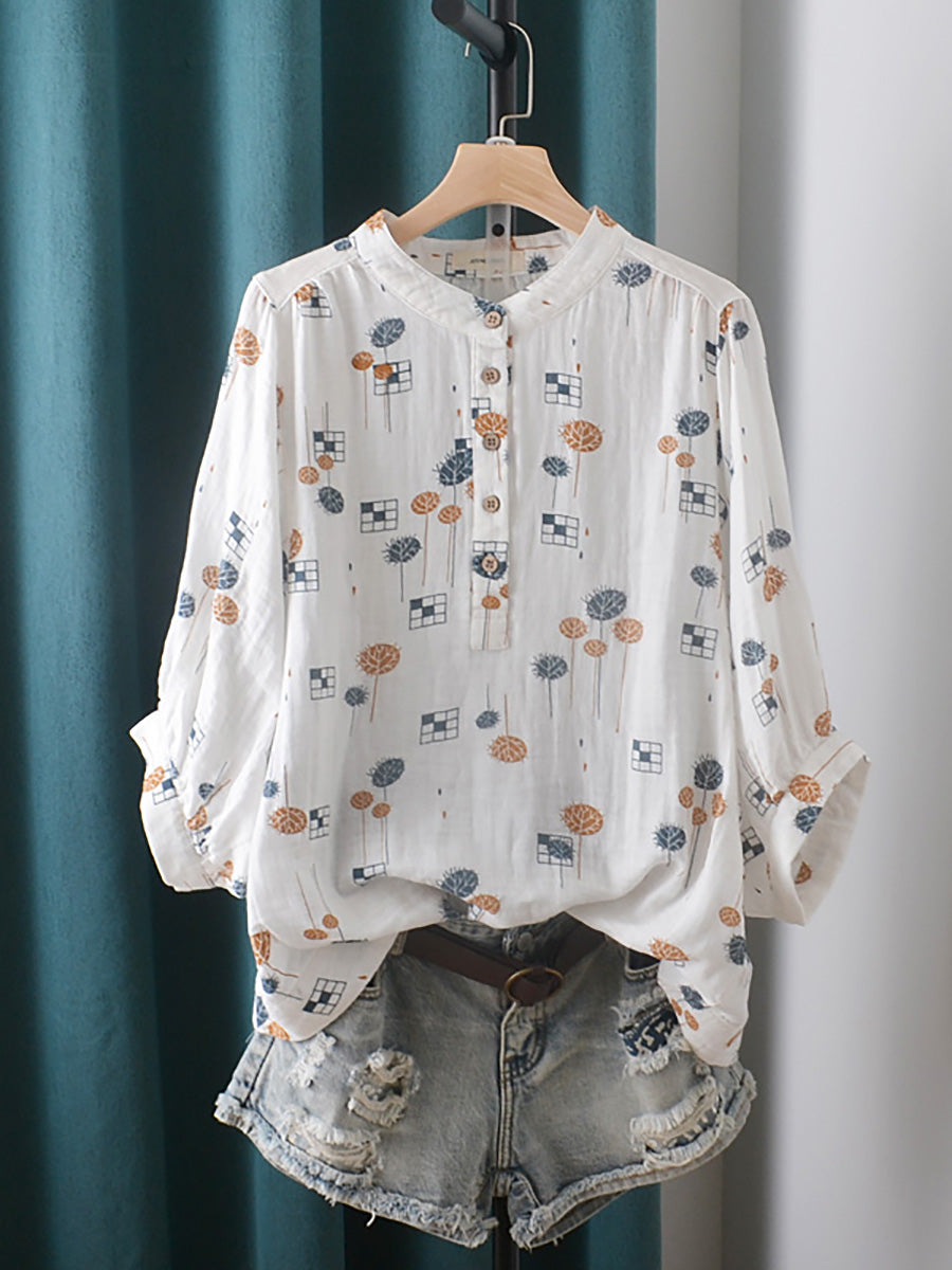 Women Summer Casual Print Stand Collar Cotton Shirt