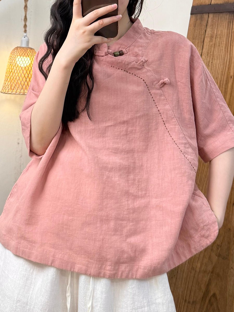 Women Summer Ethnic Pure Color Stand Collar Linen Shirt
