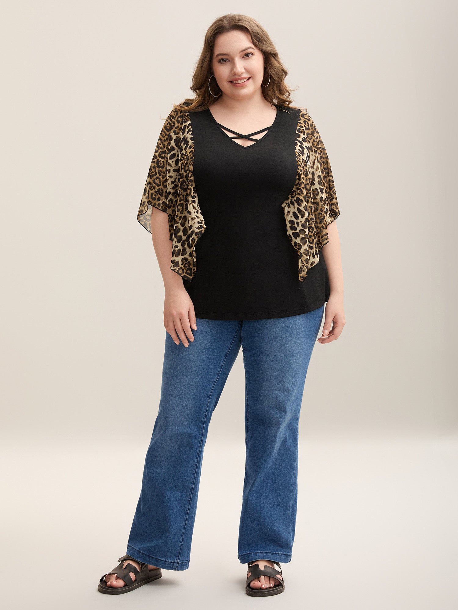 Leopard Spliced Tied Flared Sleeve T-Shirt
