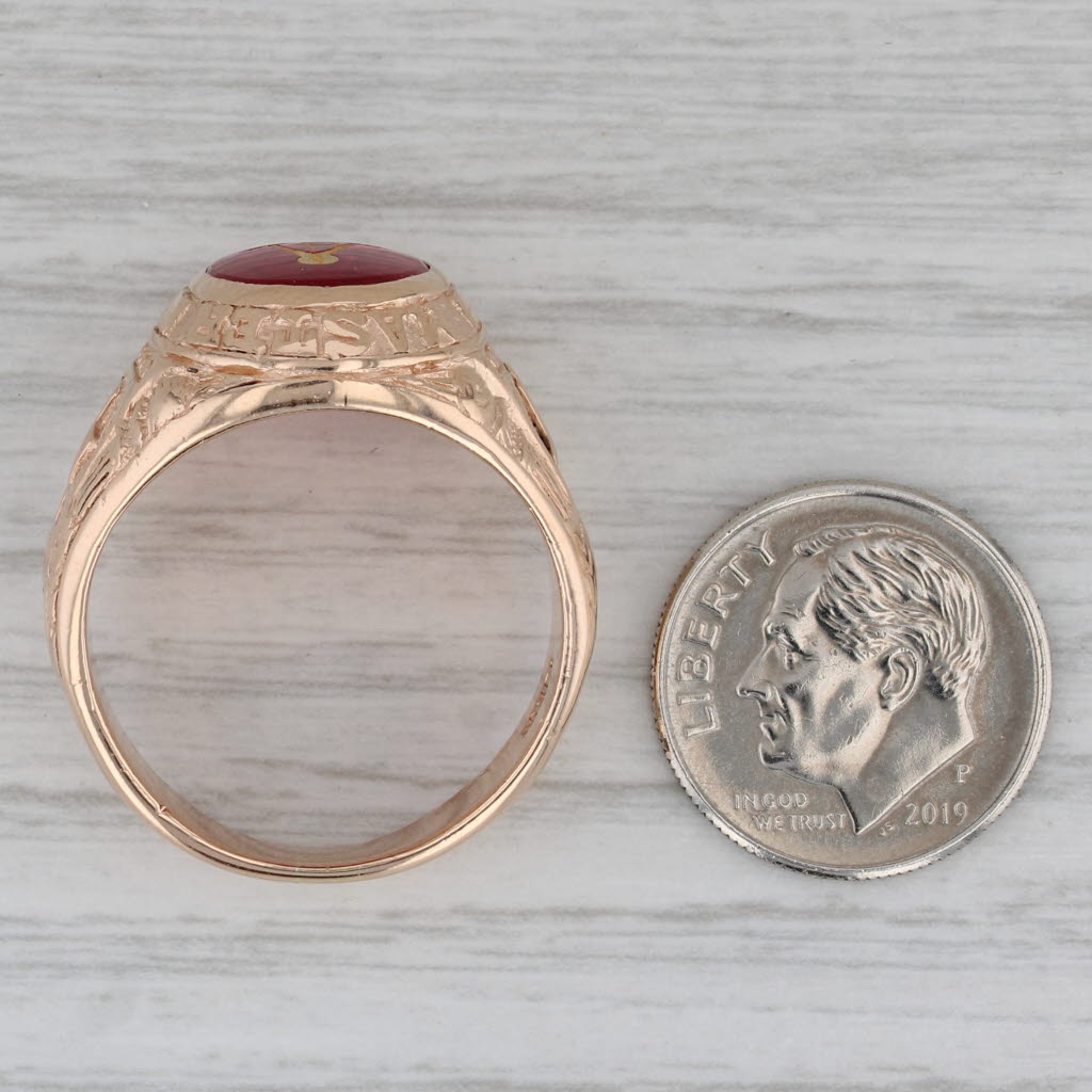 Vintage Masonic Signet Ring 10k Gold Lab Created Ruby Square Compass Blue Lodge