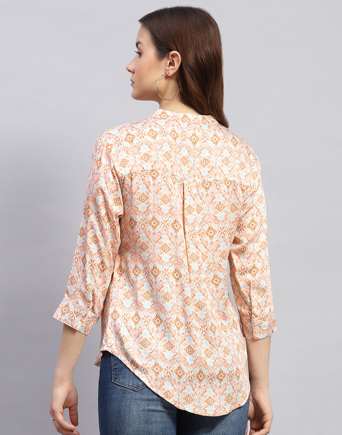 Women Peach Printed  Mandarin Neck 3/4 Sleeve Top