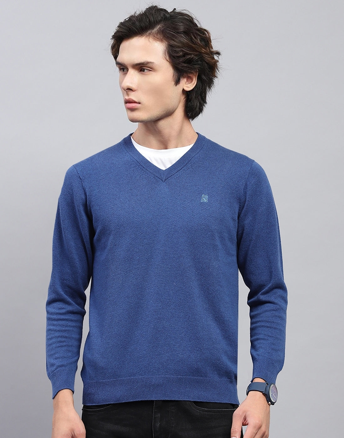 Men Blue Solid V Neck Full Sleeve Pullover