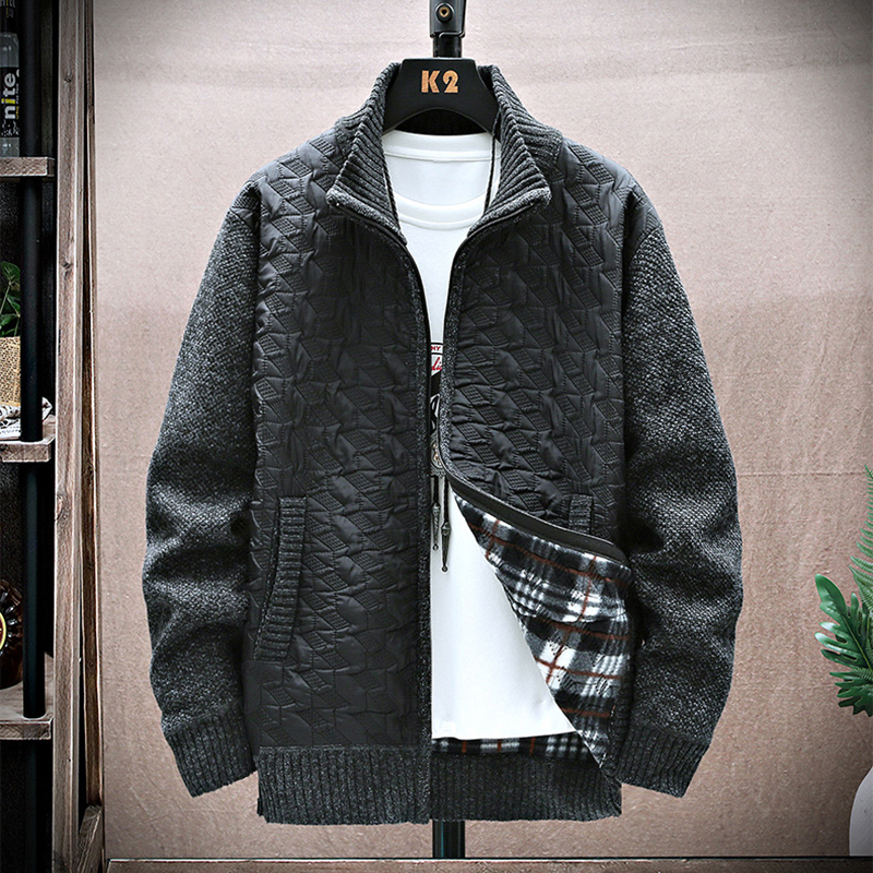 Men's Stand Collar Stitched Plush Cardigan