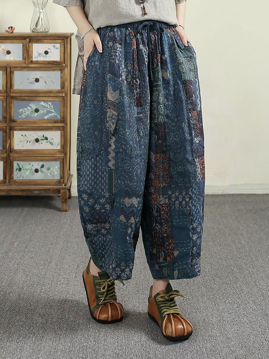 Women Summer Ethnic Print 100%Ramie Harem Pants