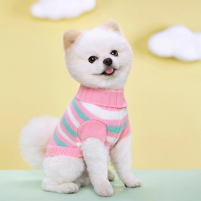 Pet Autumn And Winter Warm Strip Color Sweater Stretch Two-legged Lapel Dog Cat Knitted Wool Clothes
