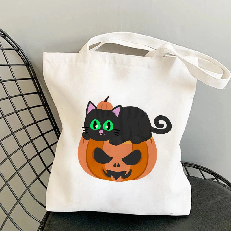 Halloween Unisex Canvas Animal Pumpkin Letter Streetwear Square Open Shoulder Bag Canvas Bag