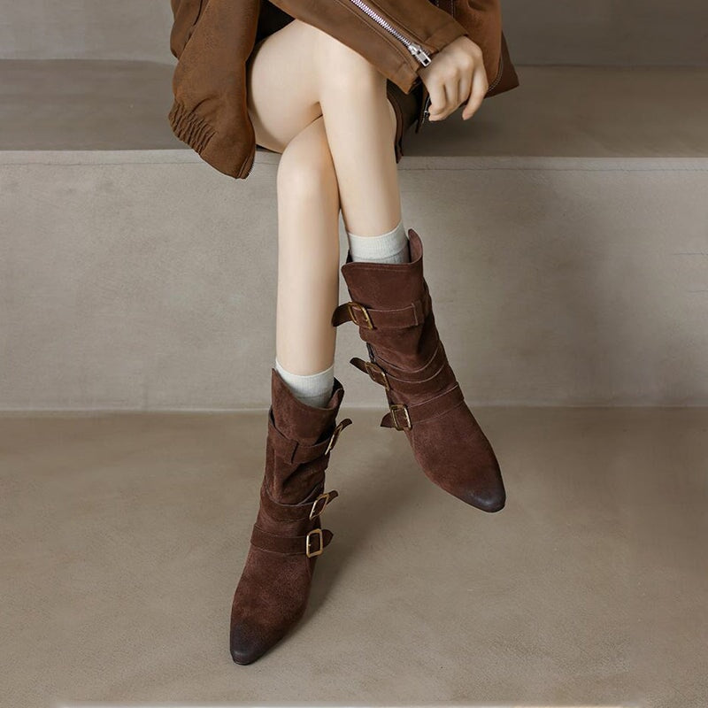 Womens Suede?Leather Mid Calf Boots 45mm Block Heel with Buckles In Khaki/Brown